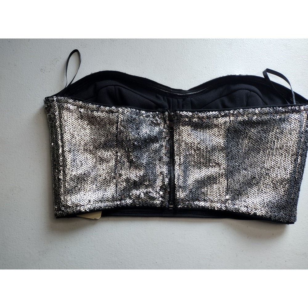 Forever 21 Silver Sequin Bustier Crop Top Sweetheart Zip Back Small New - Picture 2 of 6
